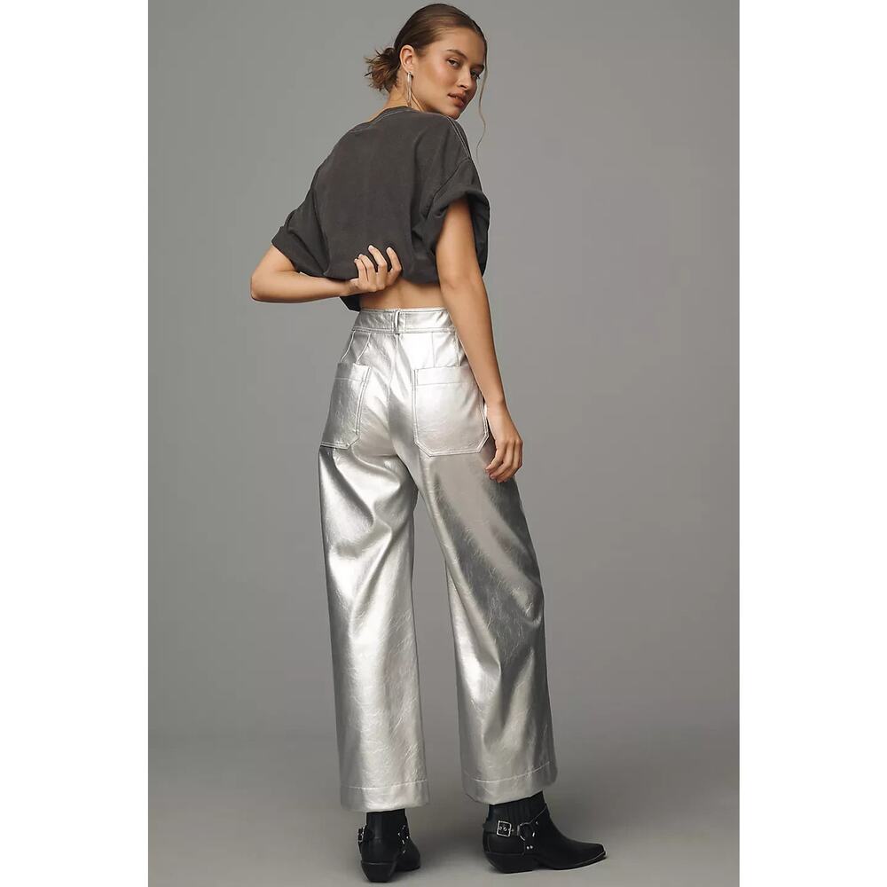 NWT Maeve The Ettie HR Crop Faux-leather Wide-Leg Pants Sz 24P Silver #7D532 - Picture 3 of 10